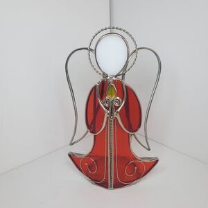 Stained Glass Red White Singing Angel W/ Candle Votive Candle Holder 8" Holiday